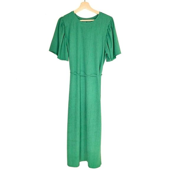 ZARA Flutter Sleeve Belted A Line Midi Dress Womens Medium Kelly Green Textured - Picture 1 of 6